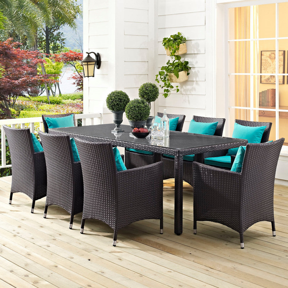 9 Piece Outdoor Dining Set, Faux Wicker Rattan, Blue