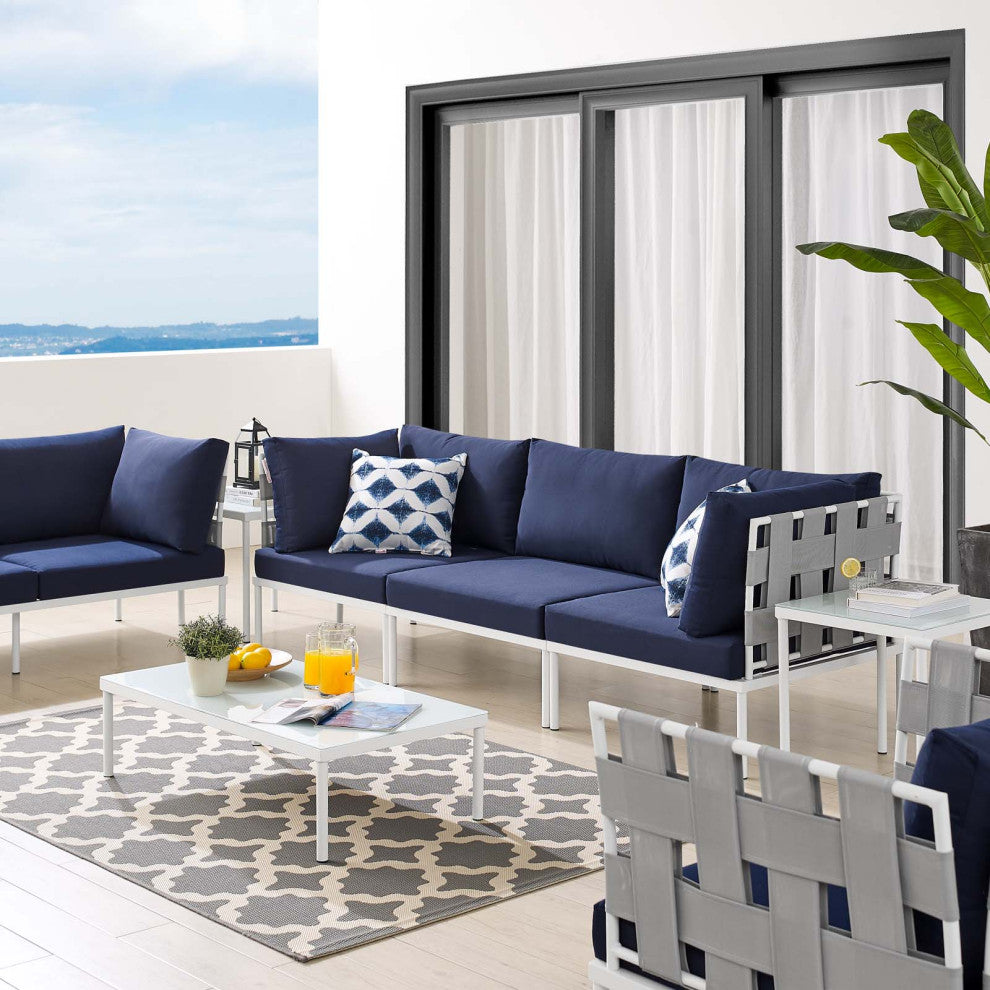 Sectional Sofa Chair Table Set, Sunbrella, Aluminum, Gray Blue Navy, Outdoor