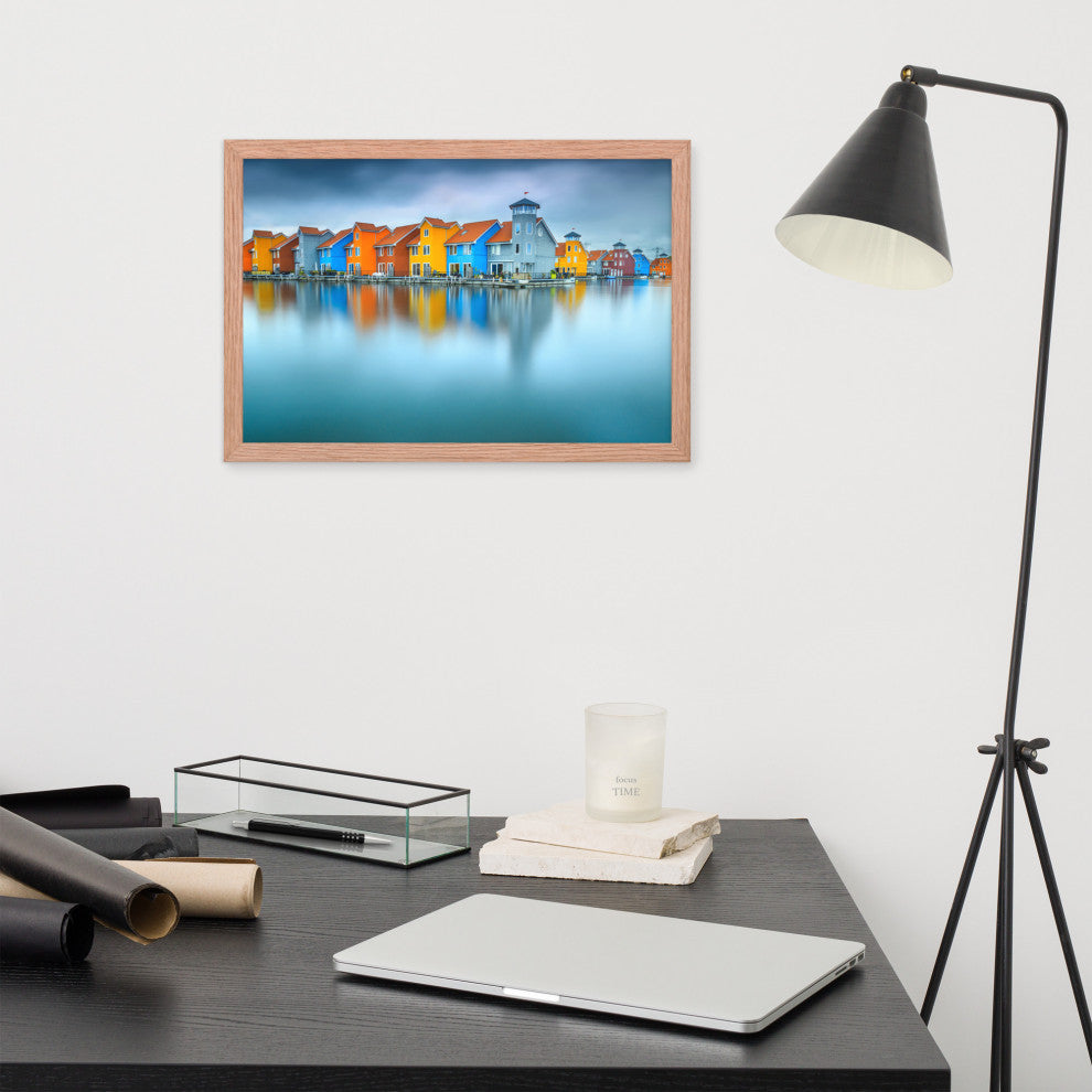 Blue Morning at Waters Edge Landscape Framed Photo Paper Wall Art Prints, Red Oak, 12" X 18"