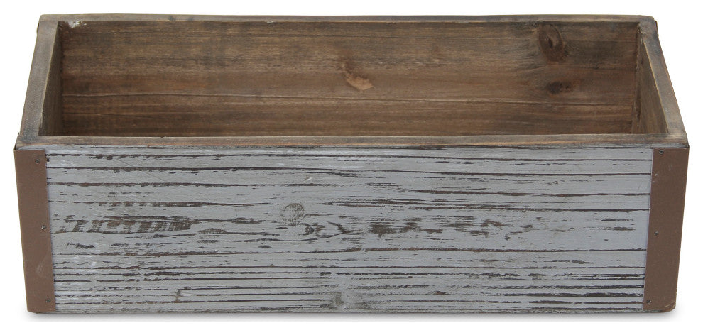 Gray Wash Wooden Rectangular Planter With Metal Corner Accents