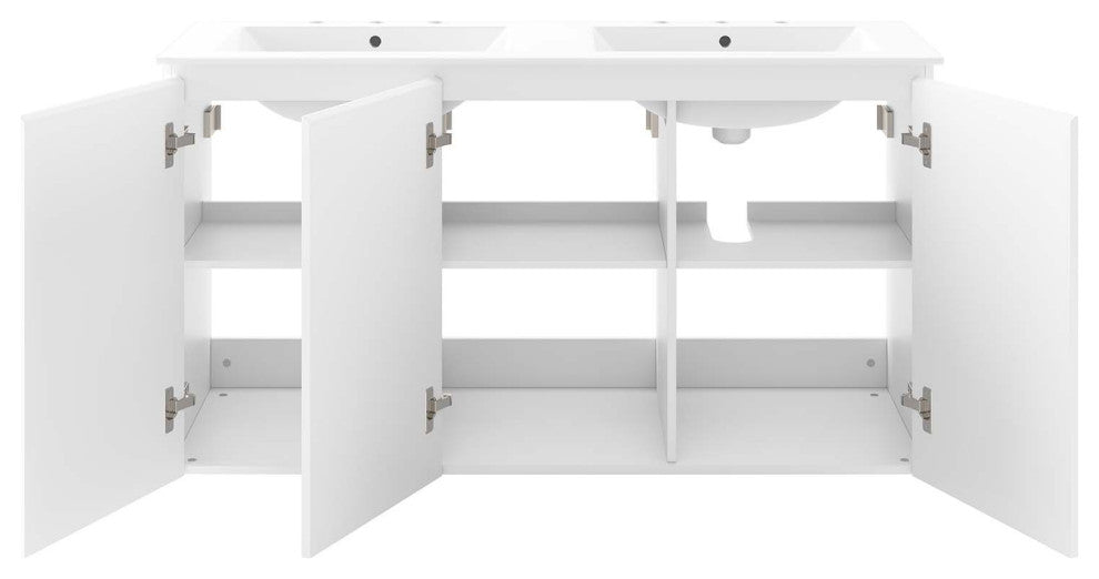 Double Sink Vanity Cabinet, Wall Mount, White, Ceramic, Modern, Hotel Bathroom