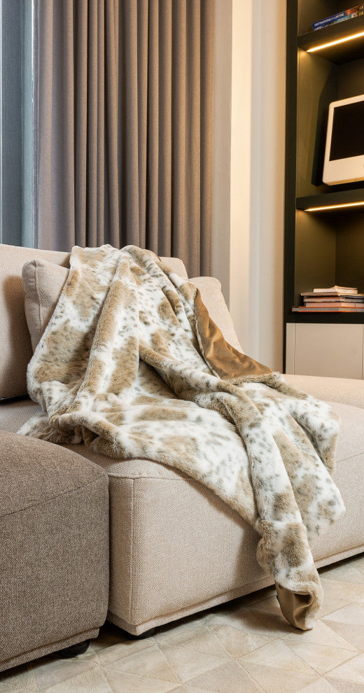 Gray Faux Fur Striped Plush Throw, Spotted White and Brown