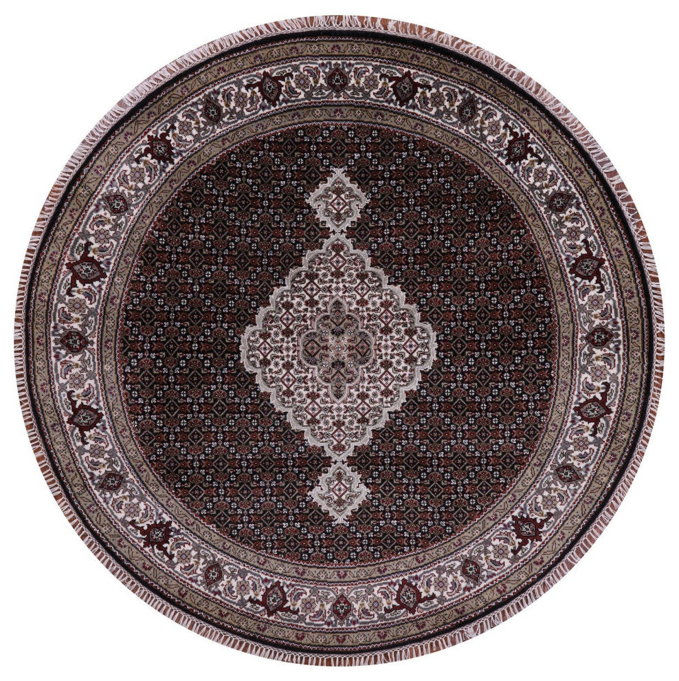 6' Round Wool and Silk Persian Tabriz Handmade Rug Q8915