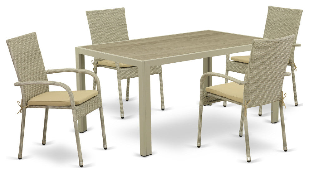 5Pc Outdoor- Natural Color Wicker Dining Set, Patio Table, 4 Armchair