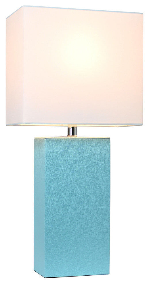 Elegant Designs Modern Leather Table Lamp With White Fabric Shade, Aqua