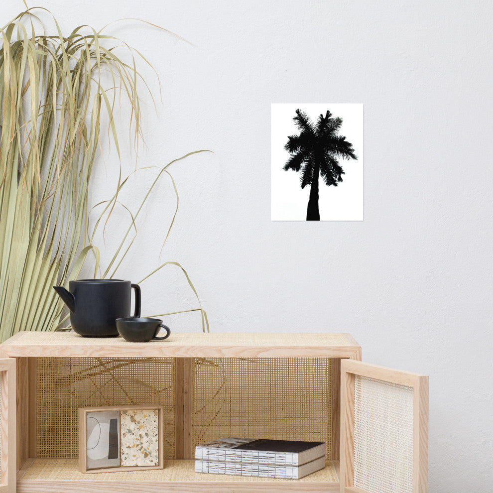 Palm Tree Silhouette on Pure White Tropical Botanical Unframed Wall Art Print, 11" X 14"