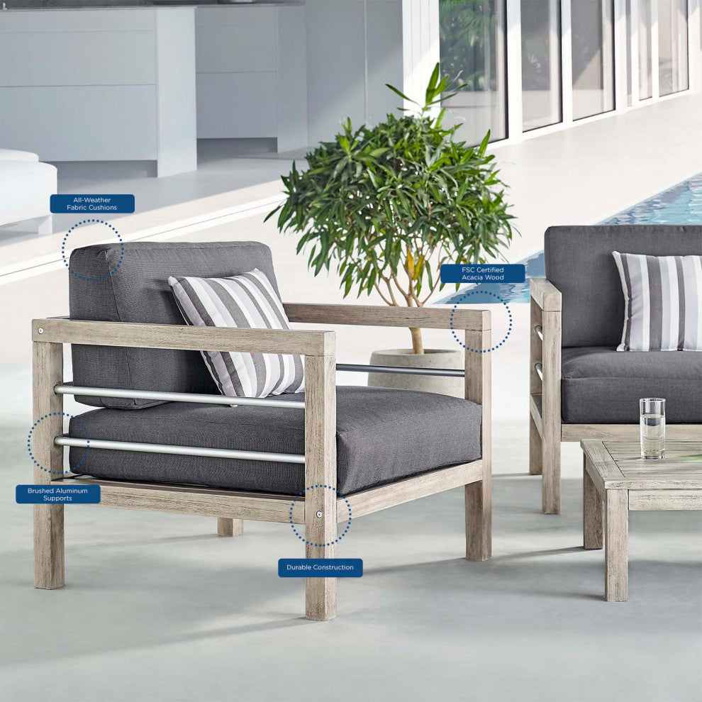 Lounge Sectional Sofa Chair Set, Wood, Gray, Modern, Outdoor Patio Cafe