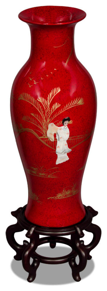 Chinese Porcelain Vase With Mother of Pearl Figures on Black Lacquer, Red