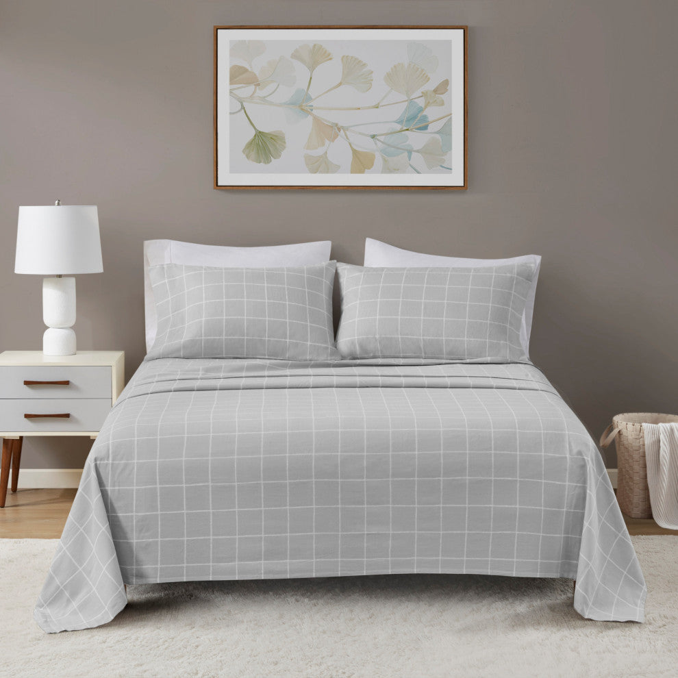 Beautyrest Oversized Flannel 4 Piece Sheet Set, Grey Windowpane