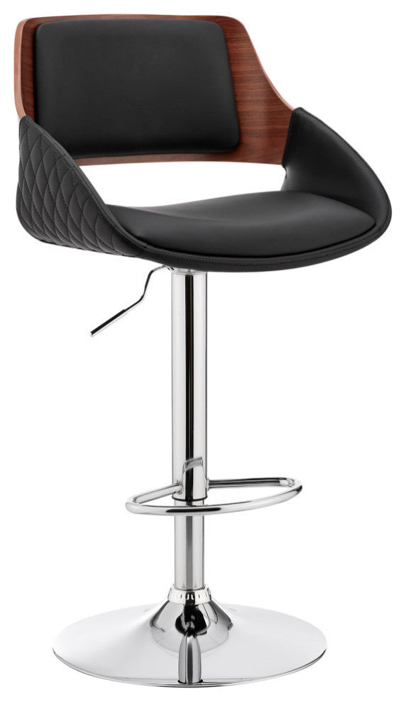 Colby Adjustable Faux Leather and Metal Bar Stool, Black and Chrome