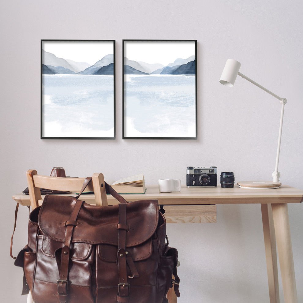 Coastal Mountain Range Landscape Soft Watercolor Blue Scene,16 x 20