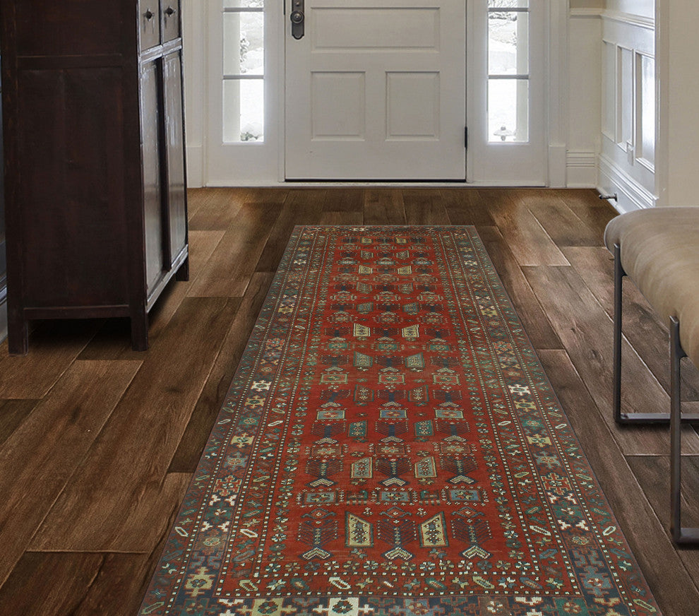 Fine Vintage Distressed June Red/Navy Runner, 3'9x10'2