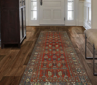 Fine Vintage Distressed June Red/Navy Runner, 3'9x10'2