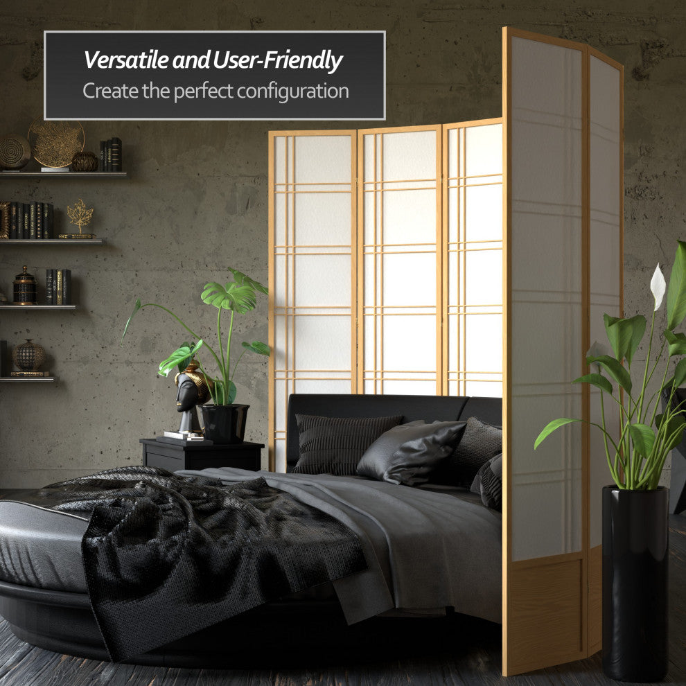 7' Tall Double Cross Shoji Screen, Natural, 3 Panels