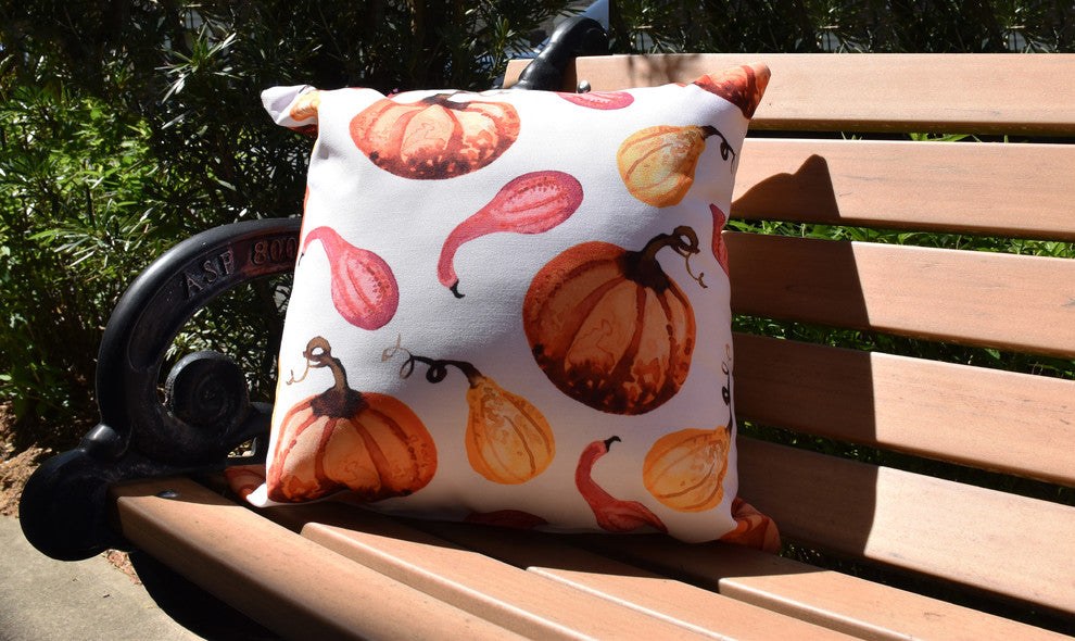 Gourds Galore Cream Fall Print Outdoor Decorative Throw Pillow, 18"