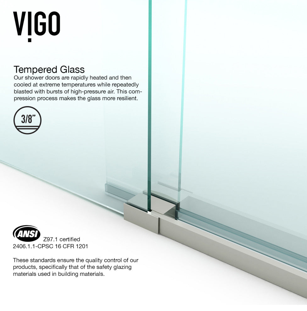 VIGO Winslow Frameless Sliding Shower Enclosure, Stainless Steel, 36" D X 48" W X 80" H, Right Drain Base