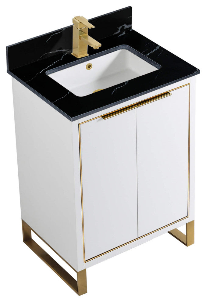 Opulence Bath Vanity, White Matte, 24", Satin Brass Hardware, Black Marble Top