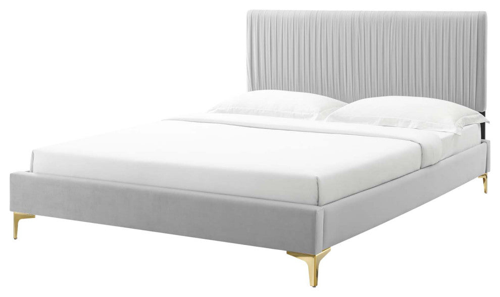 Platform Bed Frame, Queen Size, Velvet, Light Gray, Modern Contemporary