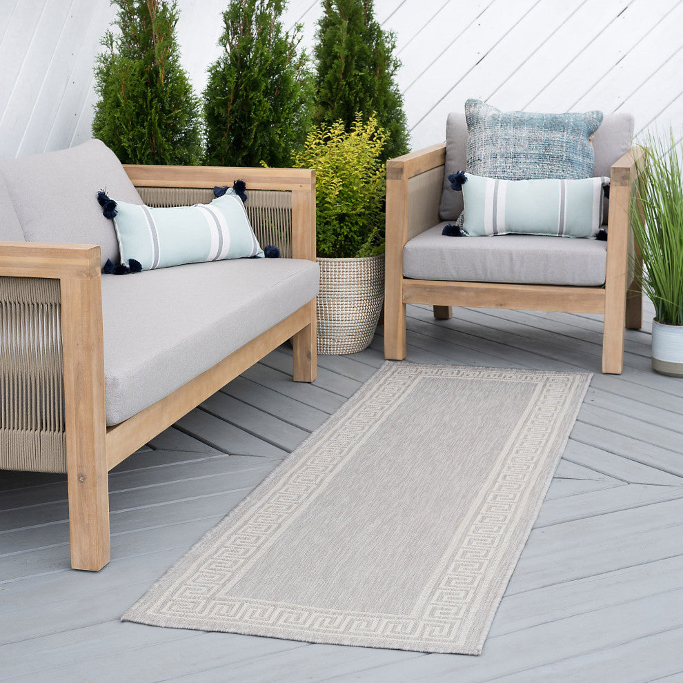 Giovanna Transitional Greek Key Gray/Cream Indoor/Outdoor Runner Rug, 2'x7'