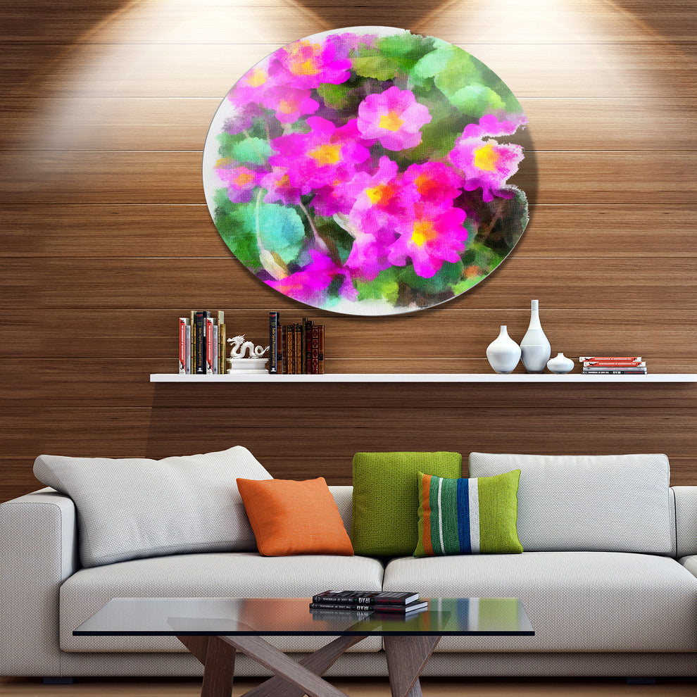 Pink Little Flowers With Green Leaves, Floral Disc Metal Wall Art, 23"
