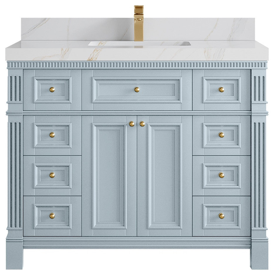 Paris 42" Single Sink Bathroom Vanity, Blue Heather 2" Calacatta Sienna