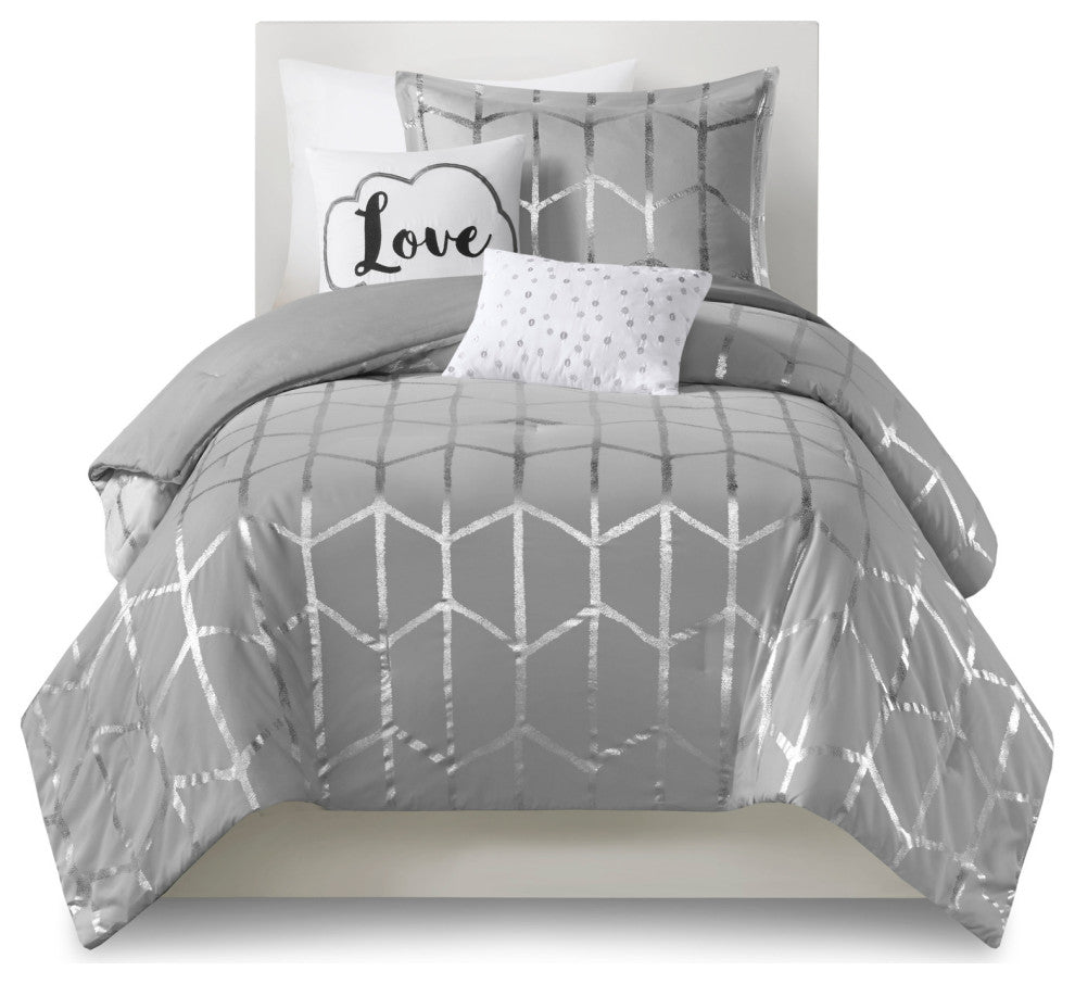 Intelligent Design Raina Metallic Printed Comforter Set, Grey/Silver
