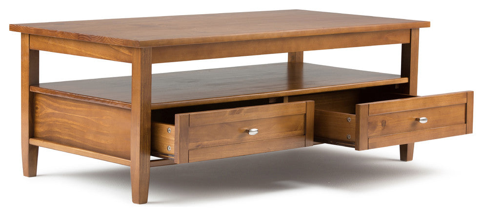 Warm Shaker Solid Wood 48 Inch Wide Rectangle Coffee Table In Light Golden Brown