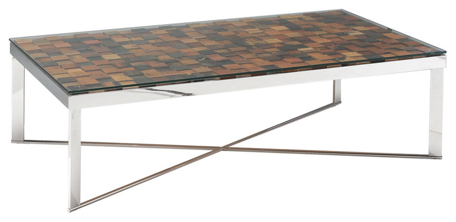 HomeRoots 14" Mosaic Wood Steel and Glass Coffee Table