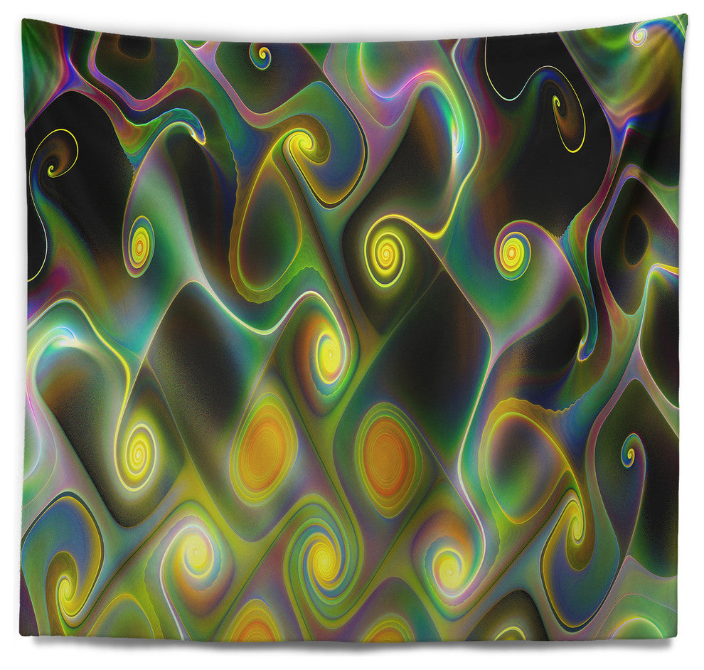 Yellow Fractal Pattern with Swirls Abstract Wall Tapestry, 80"x68"