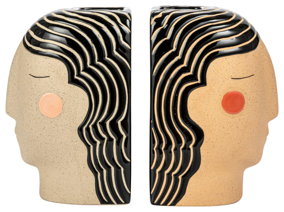 Painted Stoneware Head Vase Bookends, Multicolor, Set of 2