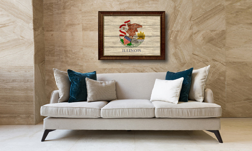 Illinois State Textured Flag Print With Brown Gold Frame, 15"X21"