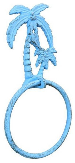 Rustic Light Blue Cast Iron Palm Tree Towel Holder 9'', Beach Bathroom Decor