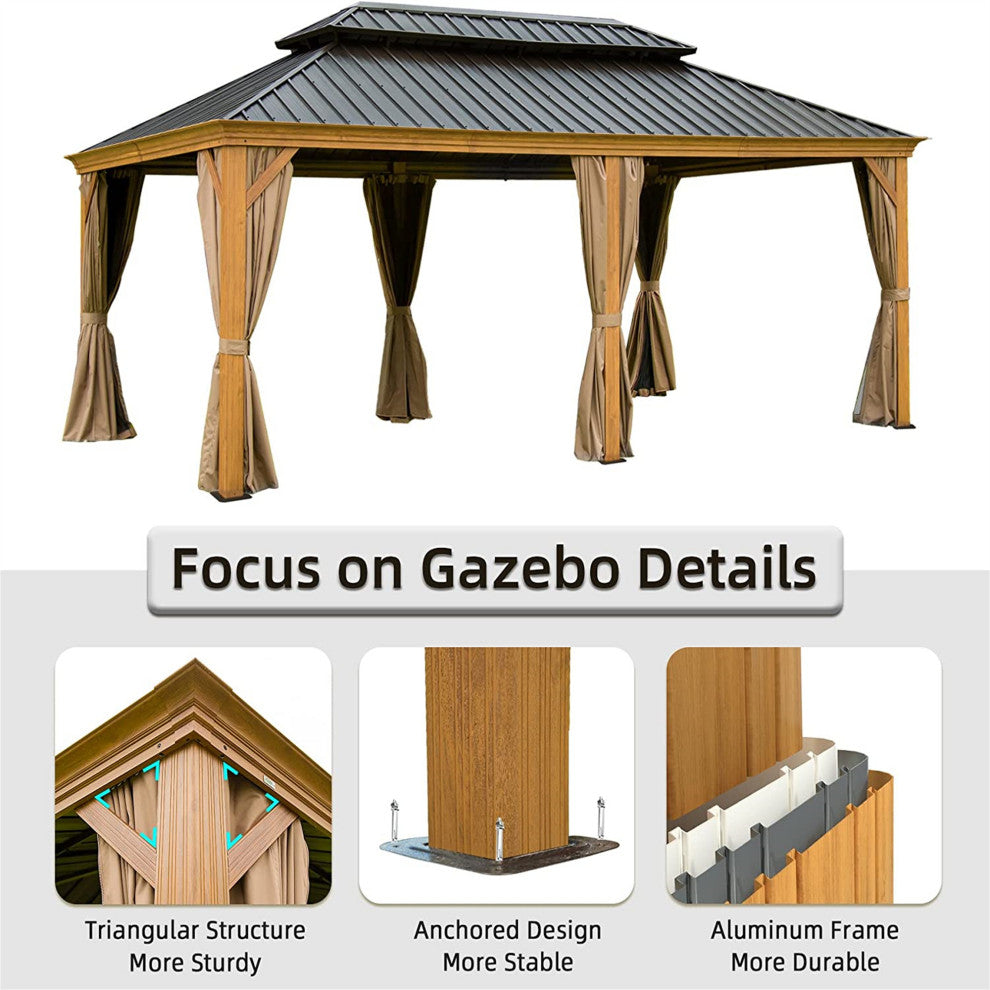 Hardtop Gazebo Outdoor Aluminum Wood Grain Gazebos, 12' X 18'