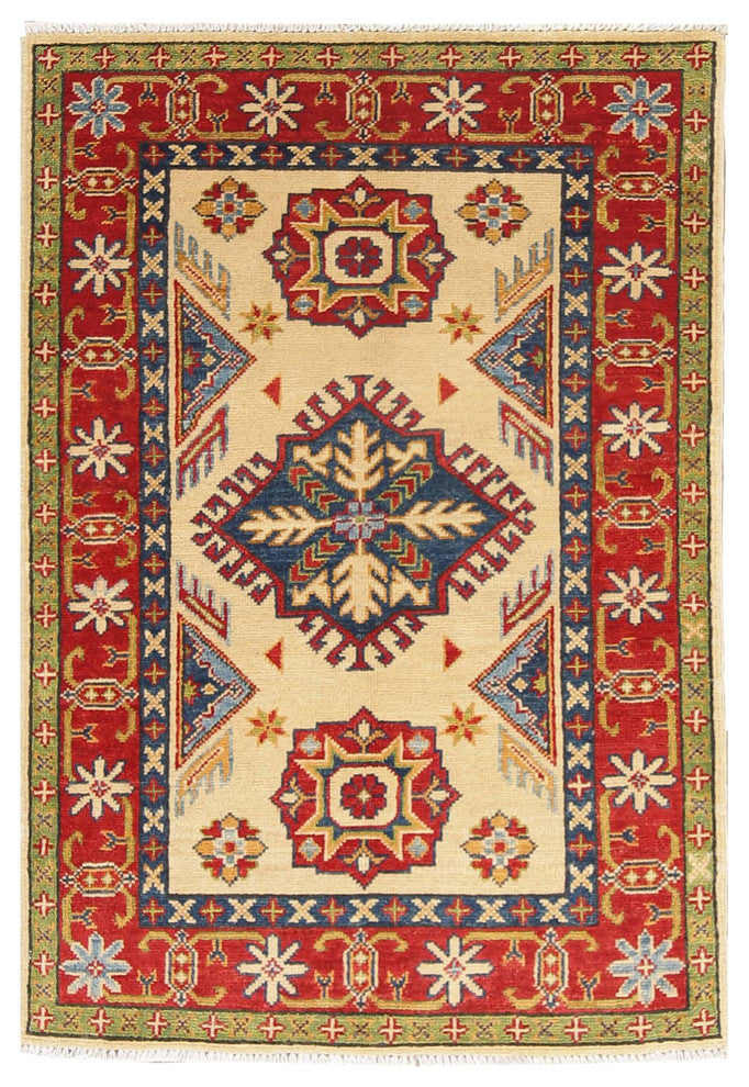 Traditional Hand-Knotted Oriental Pakistani Kazak Area Rug, Beige, 4'0"X2'8"