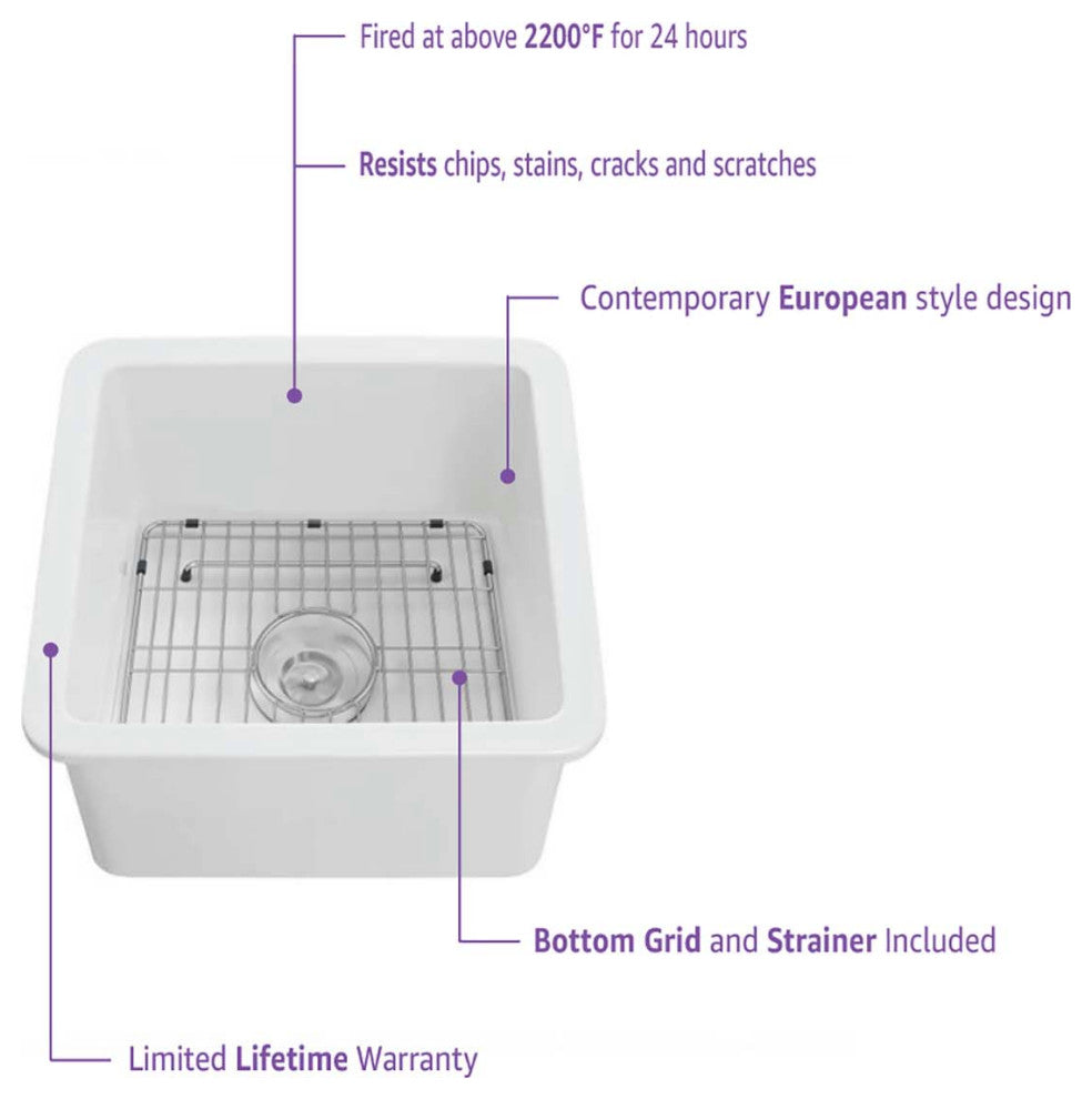 18" White Fireclay Farmhouse Undermount Kitchen Sink With Bottom Grid and Strain