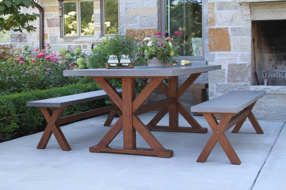 5-Piece Eucalyptus Dining Set With Matching Benches and Wicker Captain's Chairs