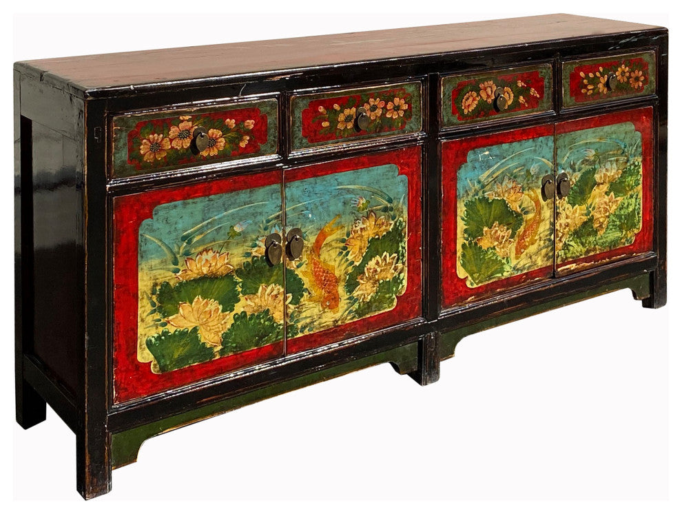 Vintage Oriental Blue Fishes Graphic Sideboard Console Table Cabinet Hcs7138