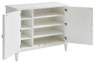 White-background view of the chest with doors open, displaying interior shelves.