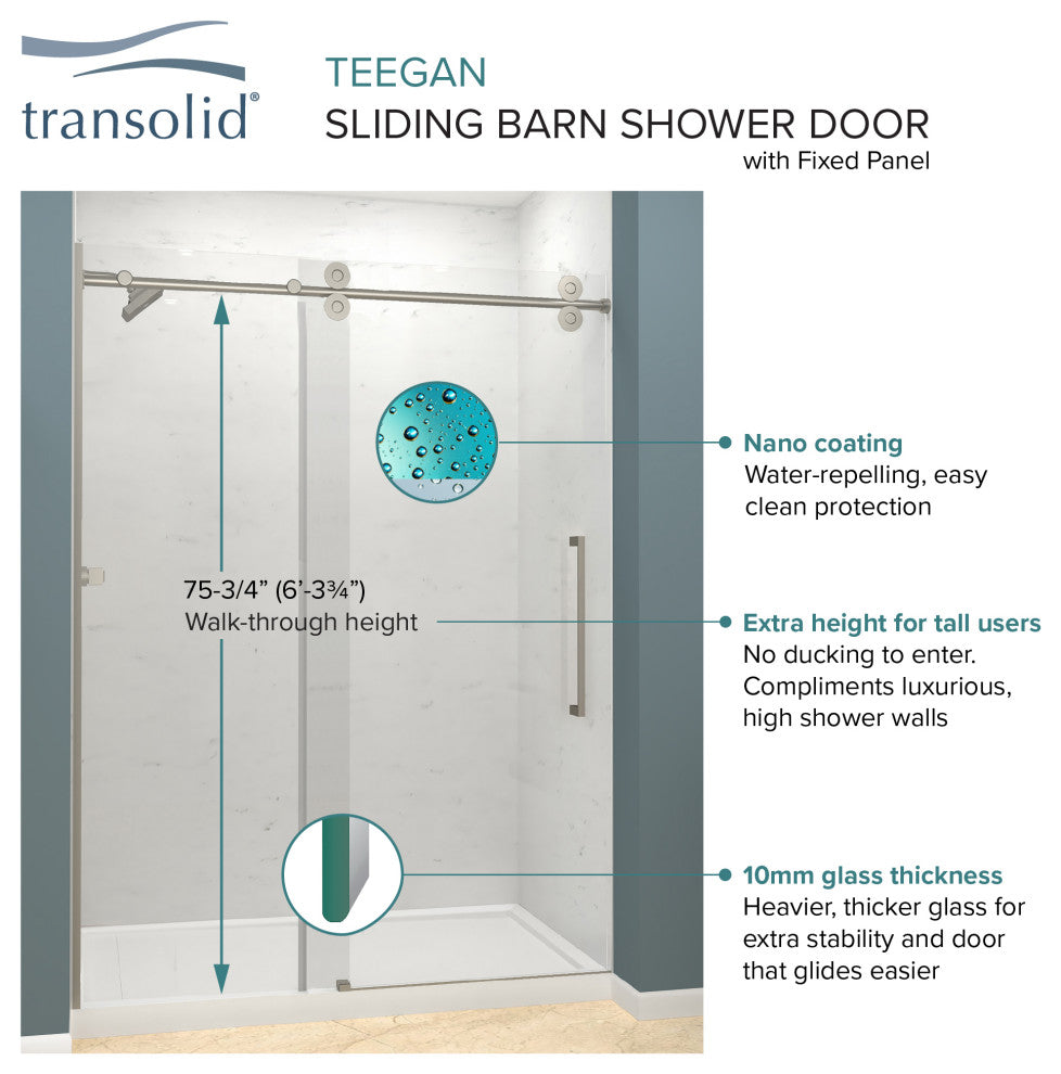 Teegan Sliding Shower Door, Fixed, Clear Glass, Matte Black, Turin Handle