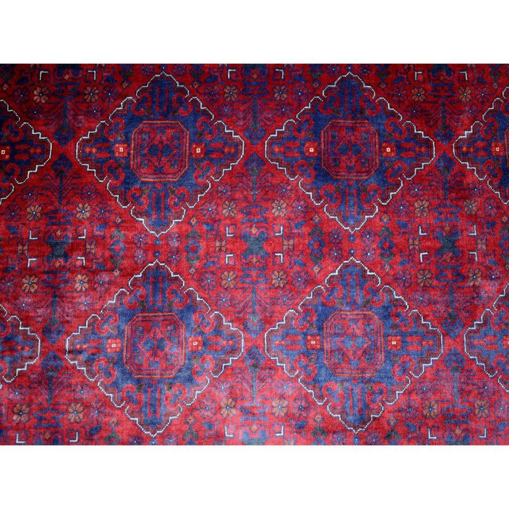 Deep and Saturated Red Hand Knotted Afghan Khamyab Velvety Wool Rug, 9'8"x13'1"
