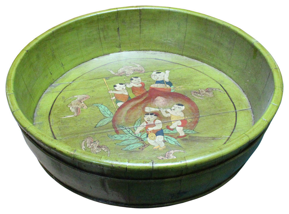 Chinese Vintage Distressed Green Graphic Round Shape Wood Bucket Hcs5092