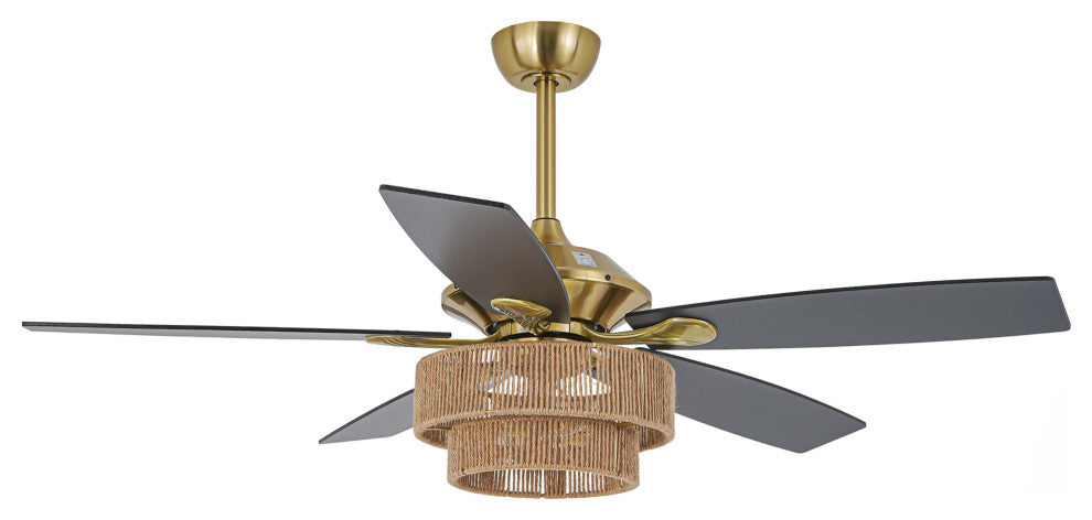 52 in Farmhouse Brushed Gold Ceiling fan with Hemp Rope Shade