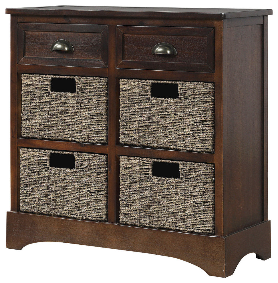 28" Wood 2 Drawers Storage Cabinet with 4 Rattan Basket, Espresso, 28" Tall