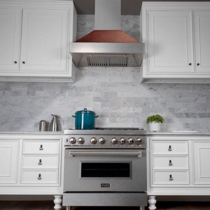 Ducted DuraSnow Stainless Steel Range Hood with Hand-Hammered Copper Shell
