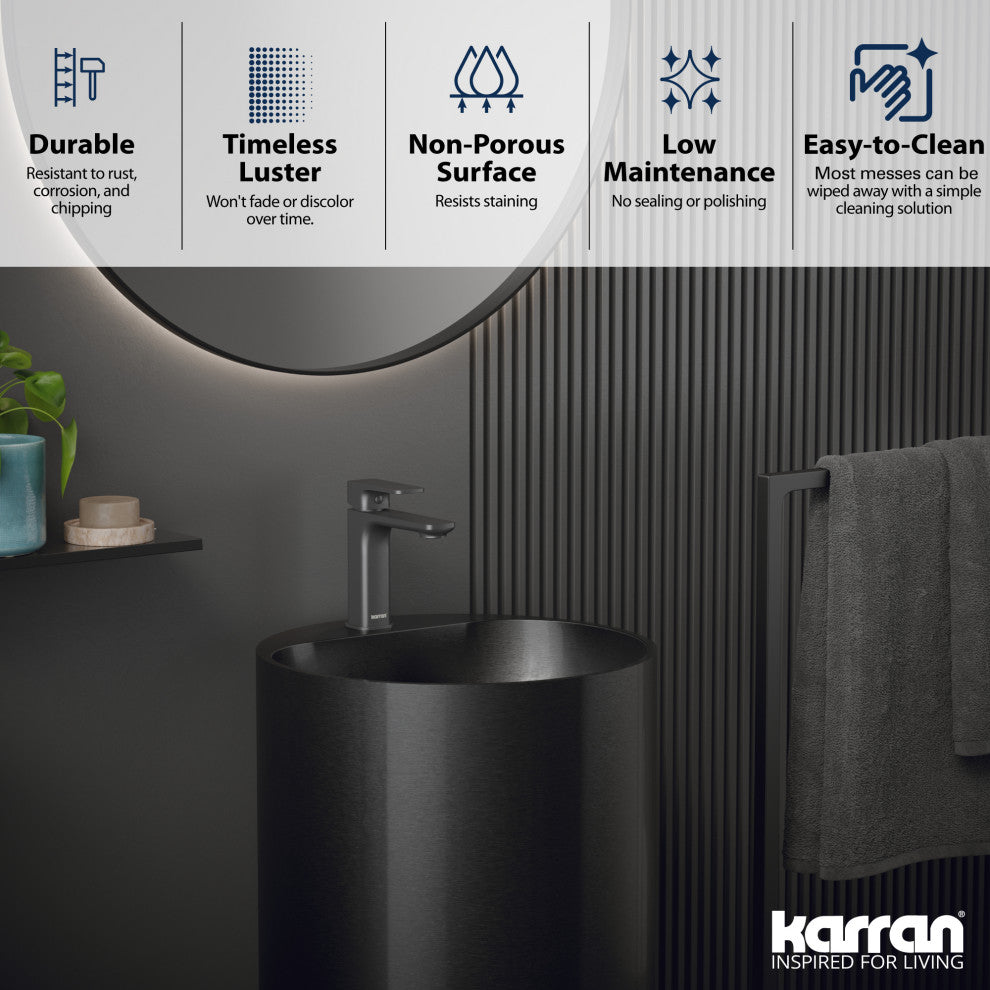 Karran Cinox Stainless Steel Round Pedestal Sink, Gunmetal Grey