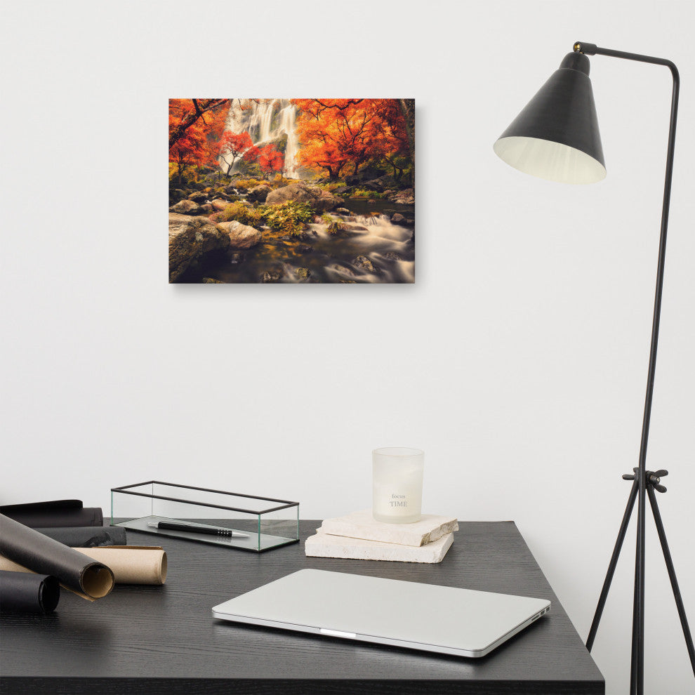 Waterfall in the Autumn Golden Shadow Effect Landscape Photo Canvas Art Print, 12" X 16"