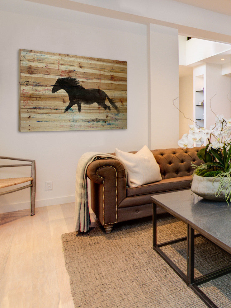 "Black Horse Stride" Painting Print on Natural Pine Wood, 36"x24"