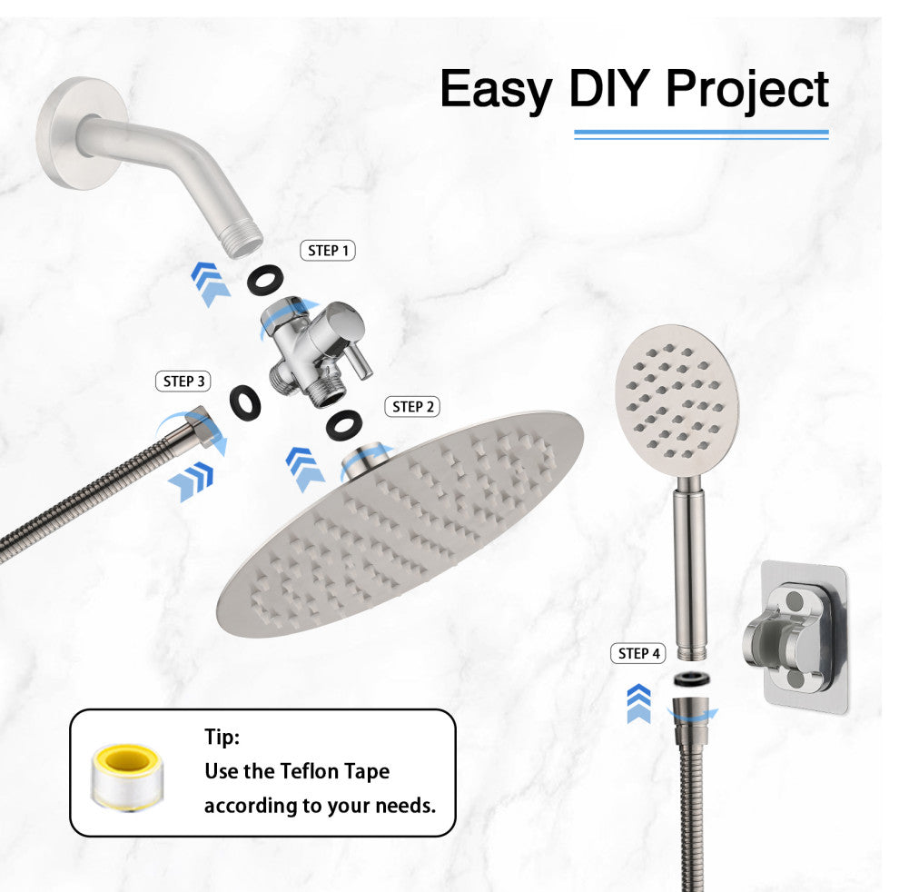 Full Metal Round Hand Shower, High Pressure 8'' Stainless Steel Rain Shower Set, Brushed Nickel