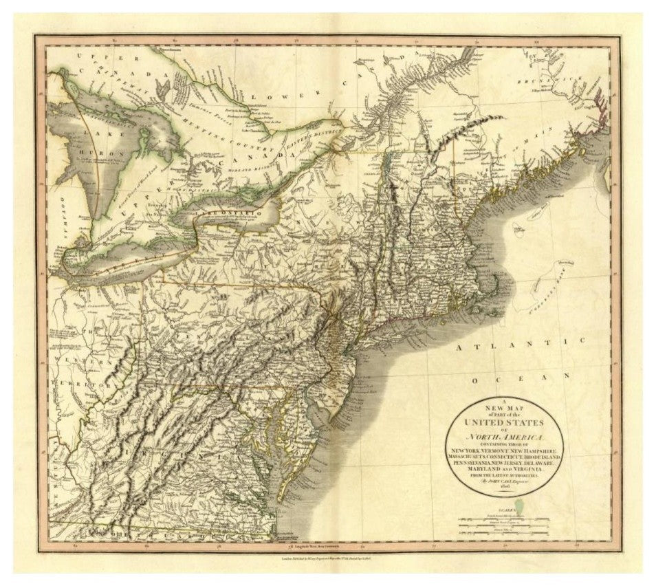 "New York, Vermont, New Hampshire, 1806" Print by John Cary, 24"x22"