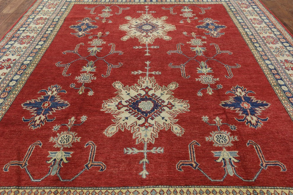 Oriental Red Super Kazak Hand-Knotted Wool Rug, 9'x13'